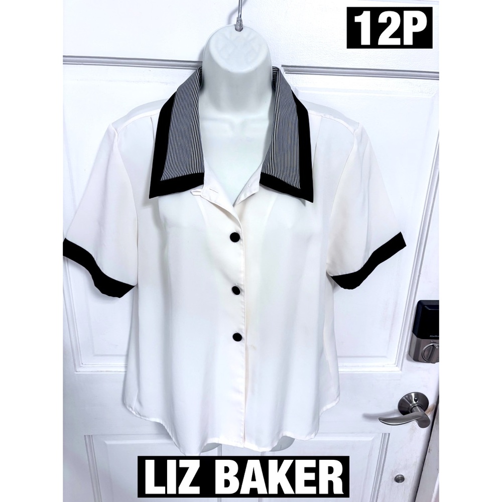 Liz Baker Double Collar 1 Striped Button Down Blouse Covered Buttons Sz 12P